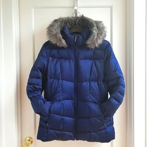 Calvin Klein satin sapphire navy blue down puffer parka w/ removable faux fur